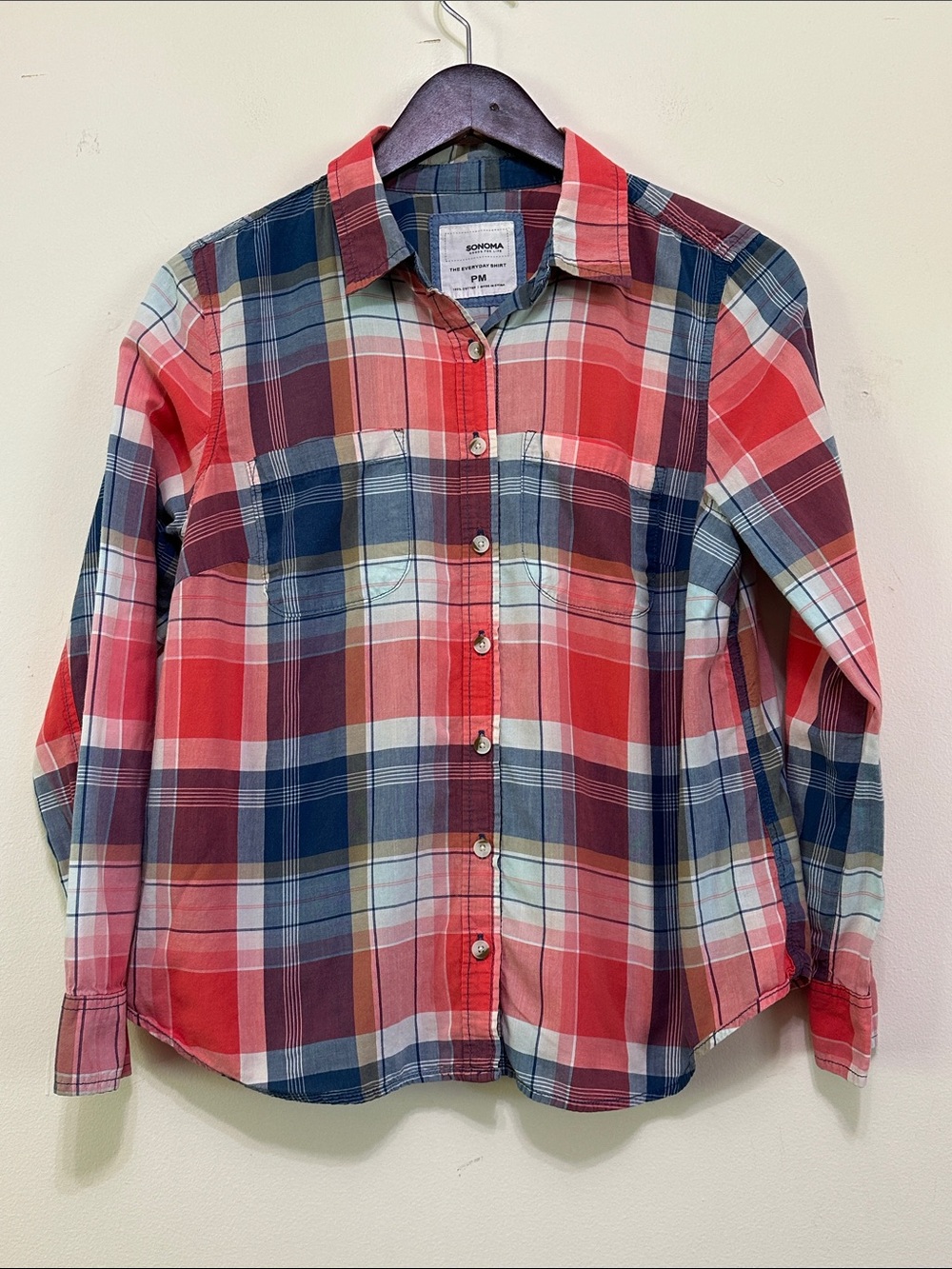 Sonoma Plaid Button-Up Shirt in Blue, Red & Cream